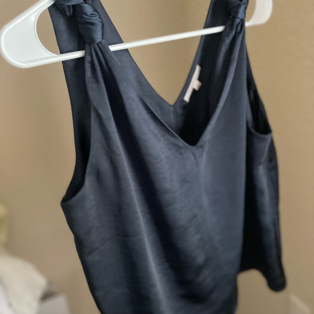 Skies Are Blue size L Navy blue knotted shoulder silky double lined blouse